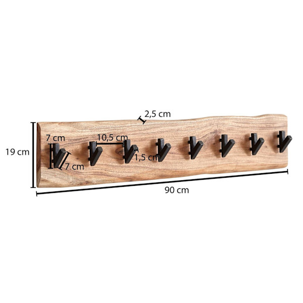 Rootz design klädhängare akacia massivt trä - metall 90 x 19 x 9 cm - Krokstång hall klädhängare vägg - Garderobsträ