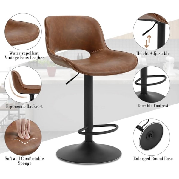 Rootz Vintage imiteret læder barstol - Vandtæt - Slidbestandig - Ergonomisk - Justerbar højde - Brun - 48cm x (85-105,5)cm x 49cm