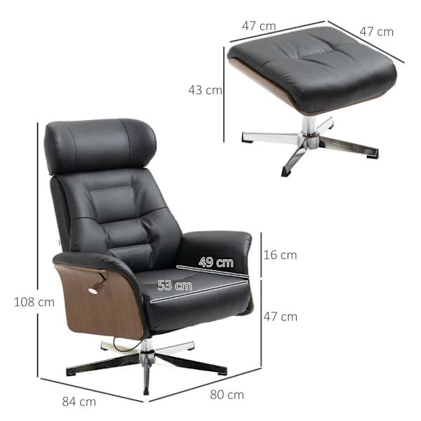 Rootz afslapningsstol med fodskammel - 360° drejelig - Liggefunktion - Læsestol - Sort - 80 x 84 x 108 cm