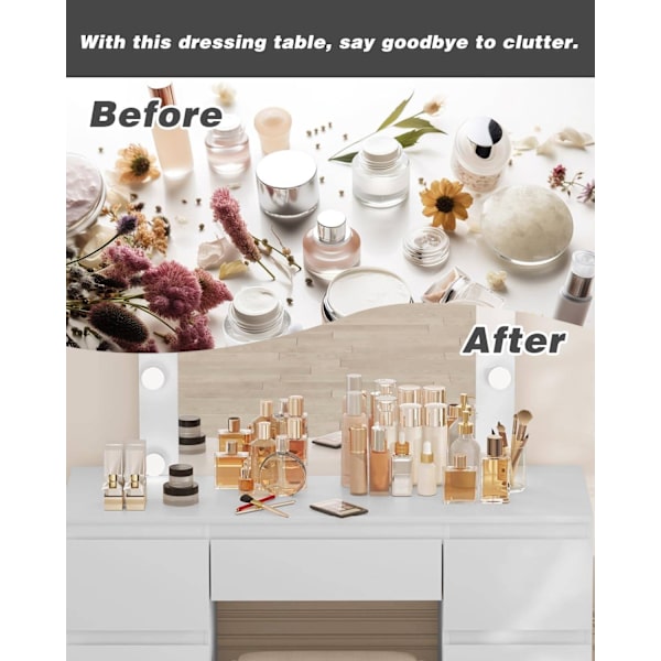Rootz White Toiletbord - Vanity Desk - Makeup Bord - Justerbar LED-belysning - Rigelig opbevaring - Holdbart design - 110 cm x 140,5 cm x 39,5 cm
