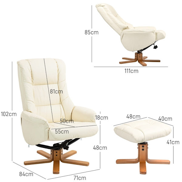 Rootz afslapningsstol med skammel - TV-lænestol - Hvilestol - Vippefunktion - Kunstlæder - Ramme af naturligt træ - Cremehvid - 71 cm x 84 cm x 102 cm