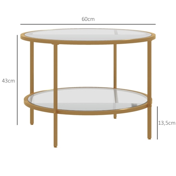 Rootz sidobord - Modernt sängbord - Nattduksbord - Härdat glas - Pulverlackerat stål - 60 cm x 43 cm - 2-vånings hylla - Guld