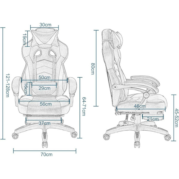 Rootz Gaming Chair - Kontorsstol - Racing Chair - Justerbar höjd & fällbar - Ergonomisk design - 121-128cm x 56cm x 46cm