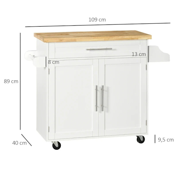 Rootz Köksvagn - Serveringsvagn - Köksö - 1 kryddställ - 1 handdukshållare - Justerbar i höjdled - Gummiträ - Vit - 109L x 40W x 89H cm