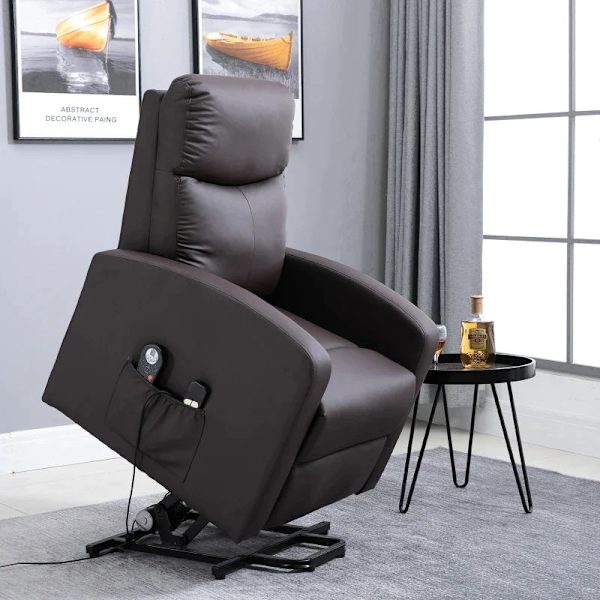 Rootz Massagestol - Ståhjälp - Avslappningsstol - Liggstol - Nackstöd - 8 vibrationspunkter - 2 fjärrkontroller - Imiterat läder - Brun - 72L x 89W x