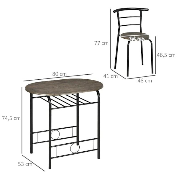 Rootz keittiön pöytäsetti - ruokailuryhmä - 3-osainen bistrosetti - 1 pöytä - 2 tuolia - MDF/metalli - Musta - 80 cm x 53 cm x 74,5 cm