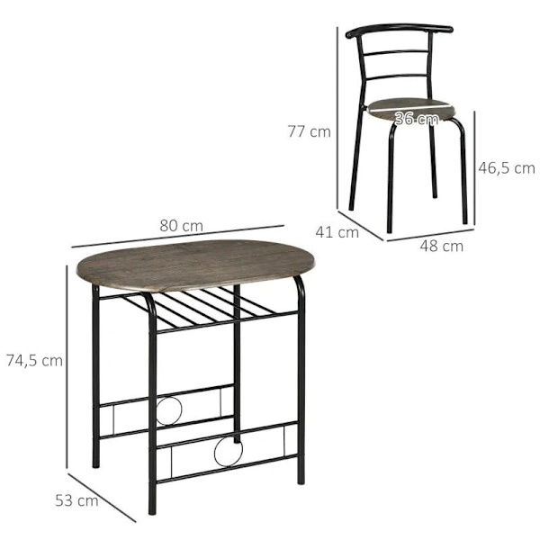 Rootz köksbordsset - matsalsset - 3-delat bistroset - 1 bord - 2 stolar - MDF/metall - Svart - 80 cm x 53 cm x 74,5 cm