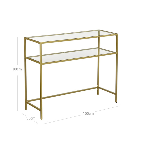 Rootz Gold -konsolipöytä - Metallinen lasinen sisäänkäyntipöytä - Sohvapöytä - Suurin kantavuus 20 kg - 100 cm x 35 cm x 80 cm
