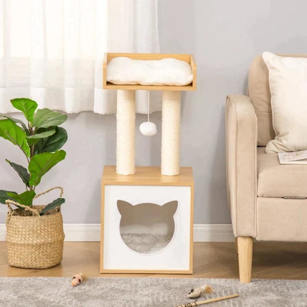 Rootz Cat Nest - Skrapstolpe - Cat Cave - 2 mjuka kuddar Kattträd med säng - Kattskrapstolpe - Natur - 35 x 35 x 81 cm