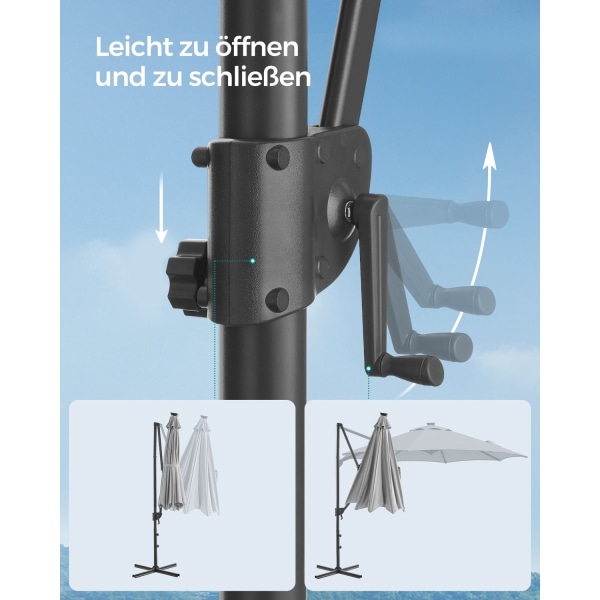 Rootz Cantilever Paraply - Patio Paraply - Udendørs Paraply - Stålramme - 180 g/m2 Polyester - Ø 300cm - 240cm Højde - Dove Grey - 15,3kg - Solpanel -