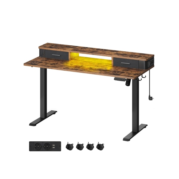 Rootz Vintage Brown Skrivebord - Skrivebord - Studiebord - Spånplade - Stålramme - Oxford klud - Justerbar højde - Opbevaringskroge - Nem montering -