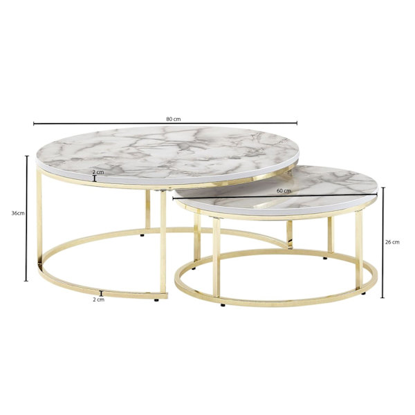Rootz Sæt med 2 hvidguld Marmorlook Sofabord Rundt Moderne - Sofaborde 2-delt metal - Runde stueborde - Design indskudsborde