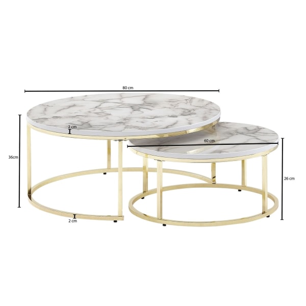 Rootz Set 2 White Gold Marble Look Sohvapöytä Pyöreä Moderni - Sohvapöydät 2-osainen metalli - Pyöreät olohuoneen pöydät - Design sisäkkäiset pöydät