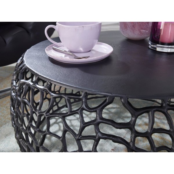 Rootz soffbord metall svart 66x66x30 cm soffbord aluminium runt - Design vardagsrumsbord med grenstruktur - Litet soffbord Modernt - Sidobord sidobord