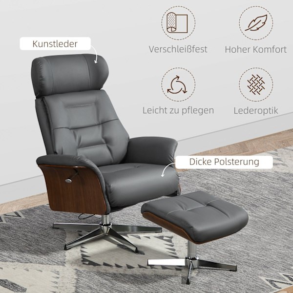 Rootz Relaxation Stol med afføring - Liggende drejestol - Læder Look lænestol - 360 ° Rotation - 80W x 84d x 108H cm