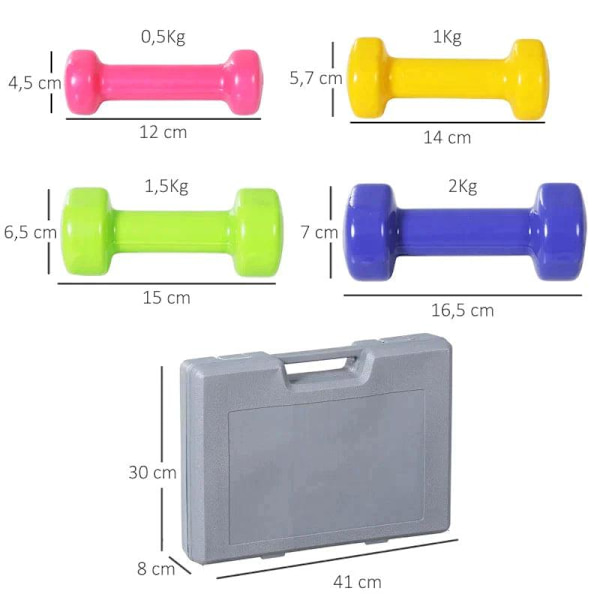 Rootz Hantlar Set - 4 par hantlar med fodral - Järn + Plast - Röd + Gul + Grön + Lila - 41L x 30W x 8H cm