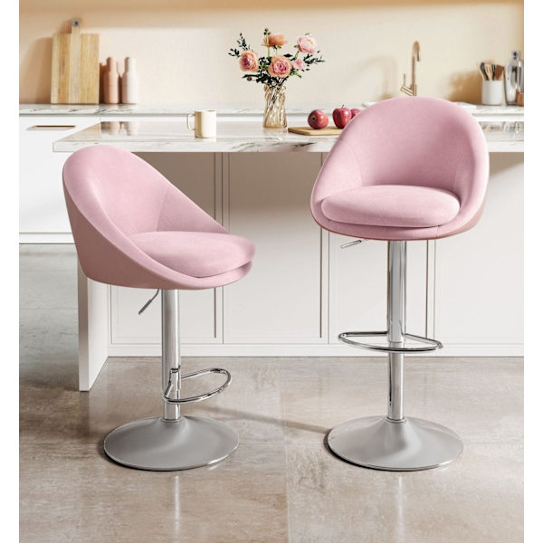 Rootz 2-delade set barstolar - Bänkstolar - Justerbar i höjdled - Sammet - PU-läder - Metallram - Pastellrosa-silvergrå - 52,5 cm x 50 cm x (97,5-108,