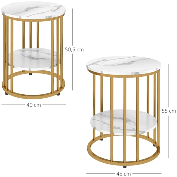 Rootz 2 -bitar Set Round Side Table - kaffebord - marmorutseende - Dubbel lagringsutrymme - Ø45 x 55H cm & Ø40 x 50,5H cm