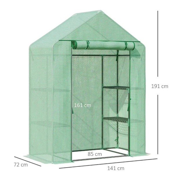 Rootz Folie Växthus - Växthus med 6 hyllor - Walk-in Trädgårdsbod Växthus - Tomathus - Planthus Med Roll-up Entré - Kallram - Grön - 141 x 72 x 191 cm