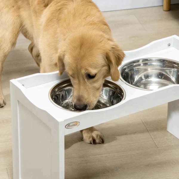 Rootz Foderstation - Skålstativ - Hundefoderstation - 2 fodringsskåle - Til store hunde - Rustfrit stål/MDF - Hvid - 63 x 30 x 24cm