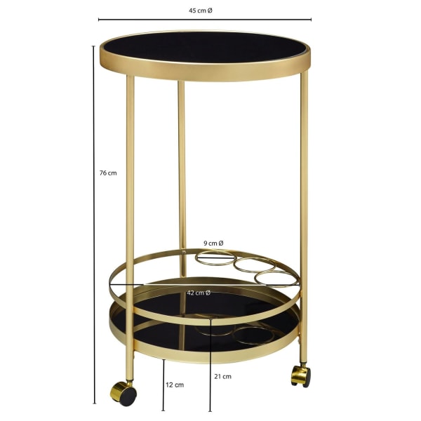 Rootz designvagn guld rund Ø 45cm 2 plan - Sidobord på hjul med glasskiva Svart matvagn - Köksvagn - tevagn