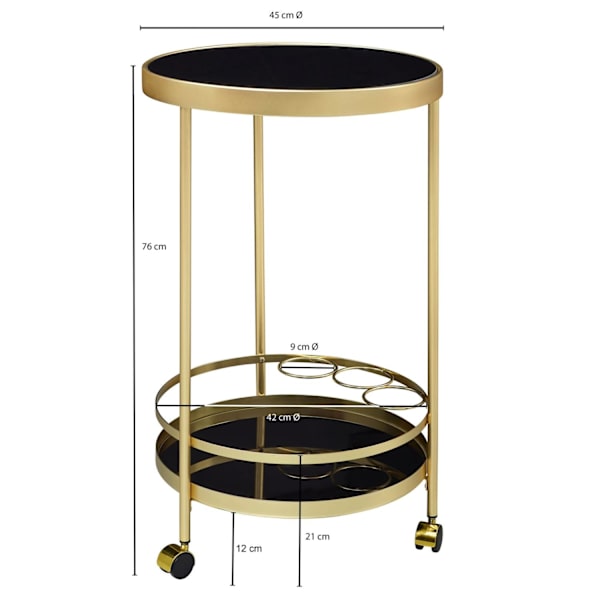 Rootz designvogn guld rund Ø 45cm 2 plan - Sidebord på hjul med glasplade Sort spisevogn - Køkkenvogn - tevogn