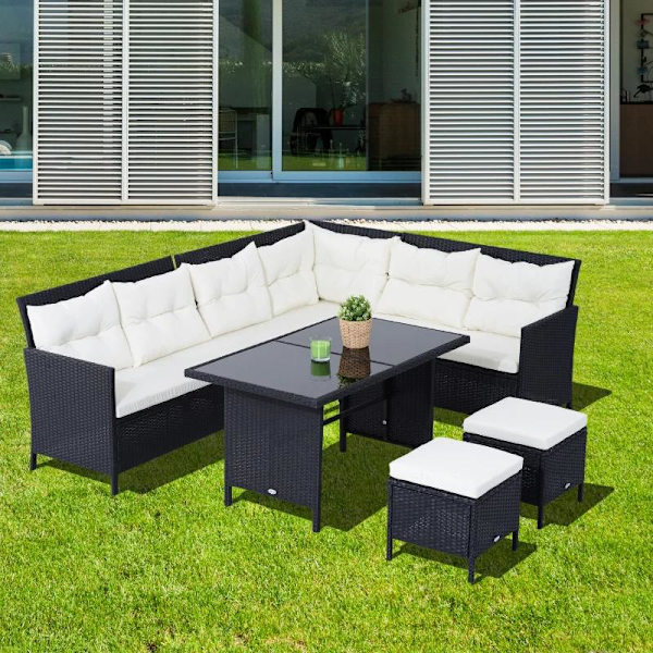 Rootz Soffset - Dubbelsoffa - Hörnsoffa - Trädgårdsmöbelset - 18 delar - Pallar - Svart/Vit - 110,5cm X 62cm X 82cm