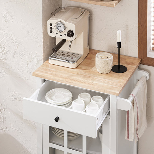 Rootz Køkkenvogn - Serveringsvogn - Sidevogn - Mobil opbevaringsenhed - Justerbar hylde - Håndklædestang - Nem mobilitet - 62 cm x 87,5 cm x 45,5 cm