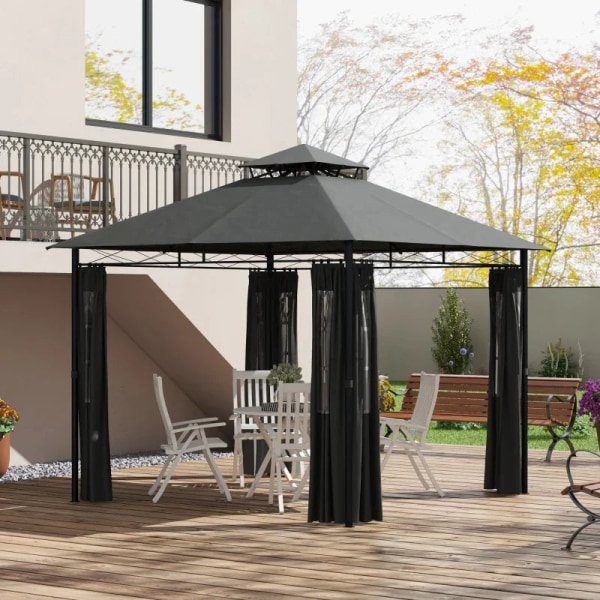 Rootz Garden Gazebo - Paviljong Partytält - Tvåvåningstak - Luftcirkulation - Metall-polyester - Svart+mörkgrå - 2,95L x 2,95W x 2,85H m
