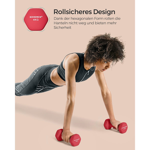 Rootz røde støbejernshåndvægte - Neoprenbelagte vægte - Styrketræning - 20,5 cm x 9,5 cm - 11,5 cm x 3,9 cm - 2 x 4 kg