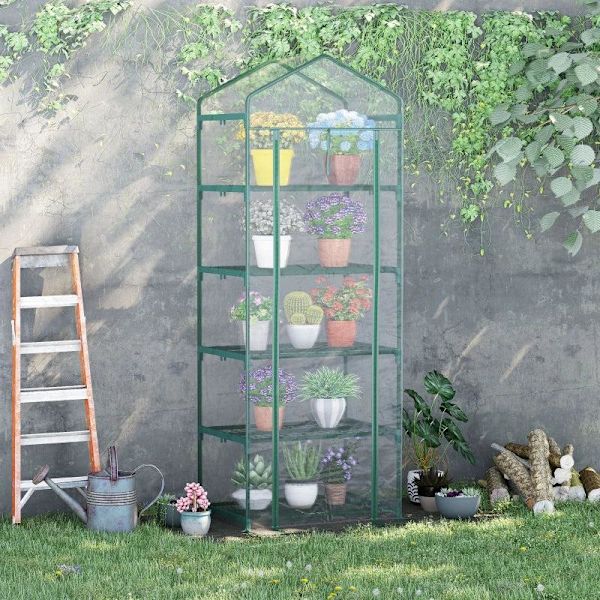 Rootz Folieväxthus - Miniväxthus med 5 hyllor för att odla blommor eller grönsaker - Stål - Plast - Transparent + Grön - 69 x 49 x 193 cm