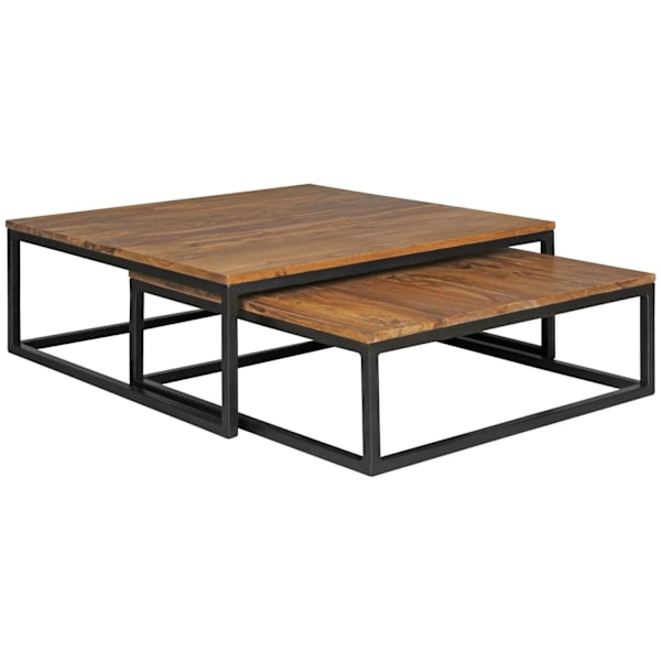 Rootz 2-teilig massivt træ 75 x 75 x 27 cm - Design stuebord Sheesham træ - Stue Loungebord Palisander massiv med metalben