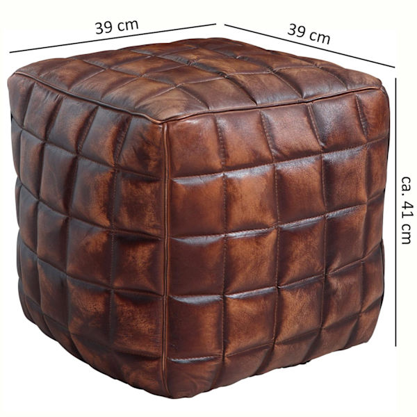 Rootz Pouf - Kuutio - Nahkapussi - Ruskea - Tikattu - Nahka - 41 x 39 x 39