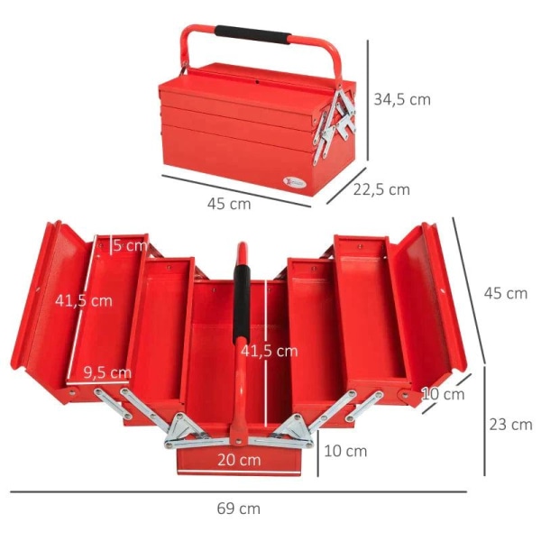 Rootz Verktygslåda med 5 fack - Bärbar verktygslåda med 5 brickor - Stål - Röd - 45 x 22,5 x 34,5 cm