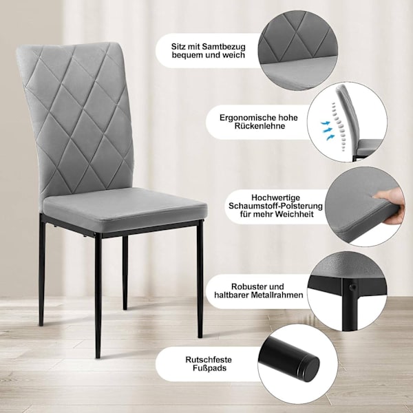 Rootz ruokasalin tuolisarja 4 kpl - Velvet korkeaselkätuolit - Metalliset jalkatuolit - Mukavat, ergonomiset, kestävät - Tummanharmaa - 42 cm x 94,5 c
