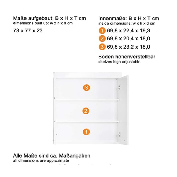 Rootz Vægskab - Badeværelsesskab - Højglans - 73 x 77 x 23cm White High gloss