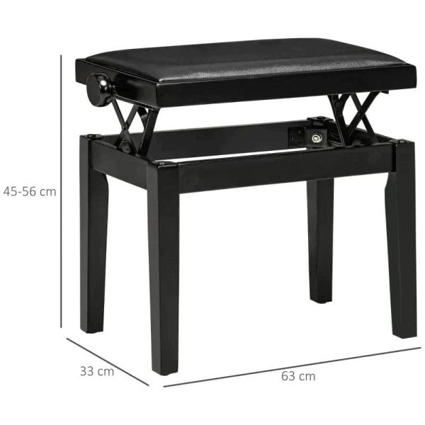 Rootz Piano Bench - Klaverstol - Højdejusterbar - Elegant højglans - Imiteret læder + Gummitræ - Sort - 63 x 33 x 56 cm