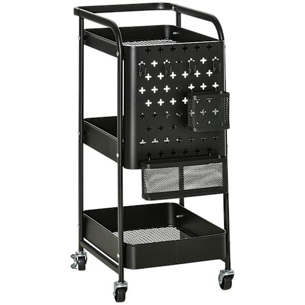 Rootz 3 Tier Metal Servering Trolley - Kitchen Cart - Utility Trolley - 2 Bestikstativ - 51,5L x 32W x 75,6h cm - Sort