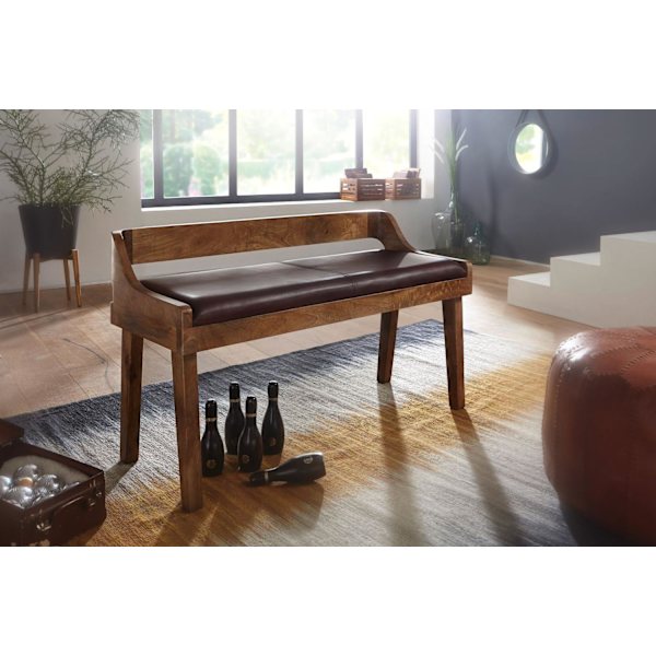 Rootz bænk ægte læder - massivt træ bænk 108x63x43 cm - Polstret bænk med ryglæn Bænk entre soveværelse brun - Lille læder sengebænk