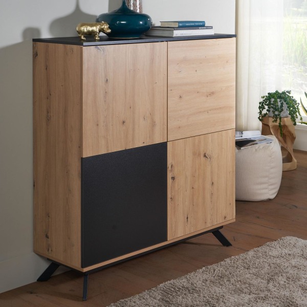 Rootz highboard 110x125x40 cm MDF-skänk i ekdekor - svart - byrå med 4 dörrar - Byråskåp hallskåp modernt - Fristående skänk med metallben