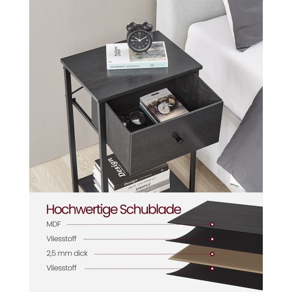 Rootz Sengebord - Natbord - Endebord - Spånplade stål ikke-vævet stof - 28cm x 38cm x 61cm - Sort - Letvægts - Robust konstruktion - Nem montering
