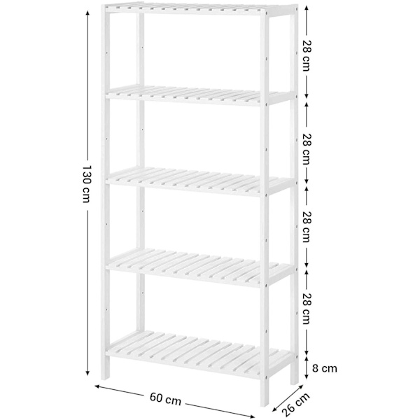 Rootz Badeværelsesskab - Opbevaringsskab - 5 niveauer - Bambus - Højdejusterbar - Hvid - 60 x 26 x 130 cm