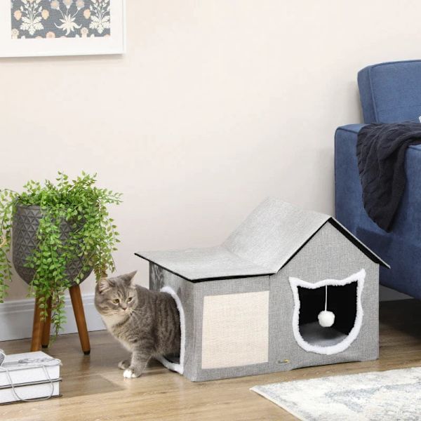 Rootz Katthus med skrapyta - Inklusive lekboll - Cat Cave - Imiterad linne - Brun + Vit + Beige - 65 cm x 41 cm x 45,5 H cm