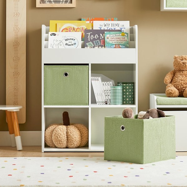 Rootz børnebogreol med 2 stofæsker - Legetøjshylde - Opbevaringsstativ - MDF-konstruktion - Væg sikker vippelås - Pladsbesparende design - 60 cm x 36