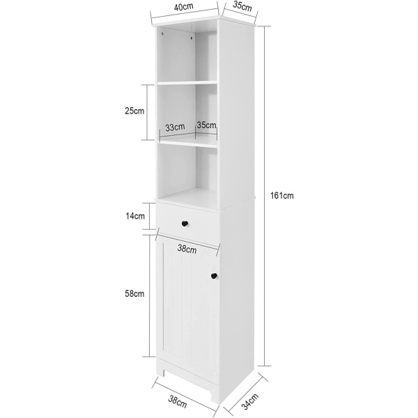 Rootz Tall kylpyhuonekaappi - Kylpyhuoneen säilytystila - Kaappi 3 hyllyllä - 1 laatikko - 1 kaappi