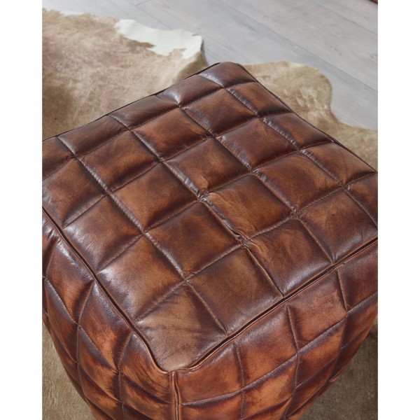 Rootz puf - terning - læder puf - brun - quiltet - læder - 41 x 39 x 39