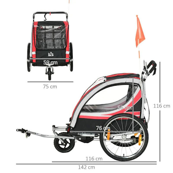 Rootz Cykelvagn för barn - 2 i 1 barnvagn - Cykelsläp för barn - 2-sits transporthållare - Med dragkoppling - Röd/Svart - 142 x 75 x 101 cm