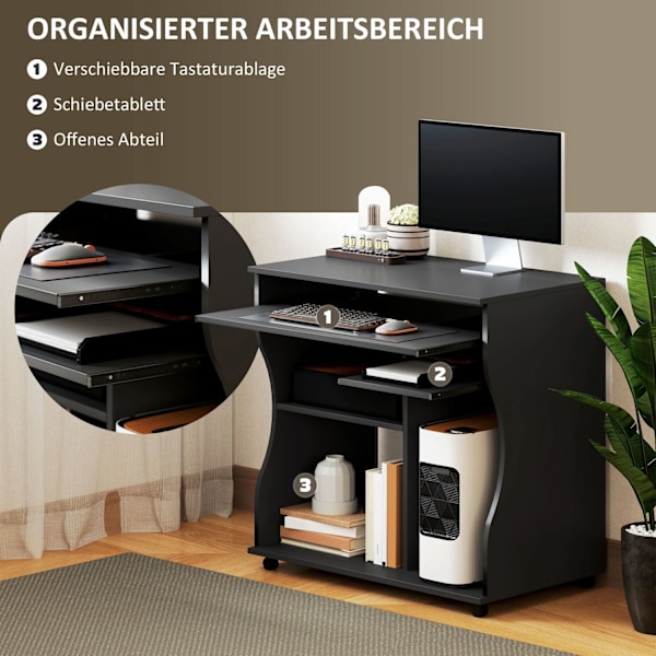 Rootz Rollable Computer Table - Desk With Storage - Mobil Workstation - gott om lagringsutrymme - 80 x 48 x 75 cm, svart