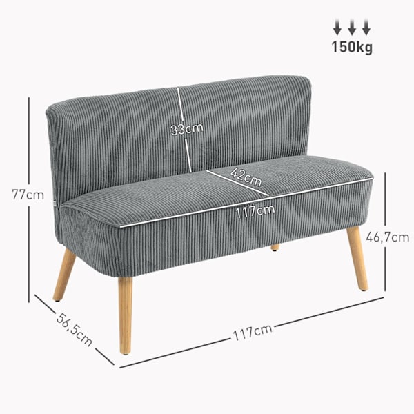 Rootz 2 -sædet polstret sofa - Loveseat - Compact Couch - Komfortabel polstring - 117 x 56,5 x 77 cm - Grå