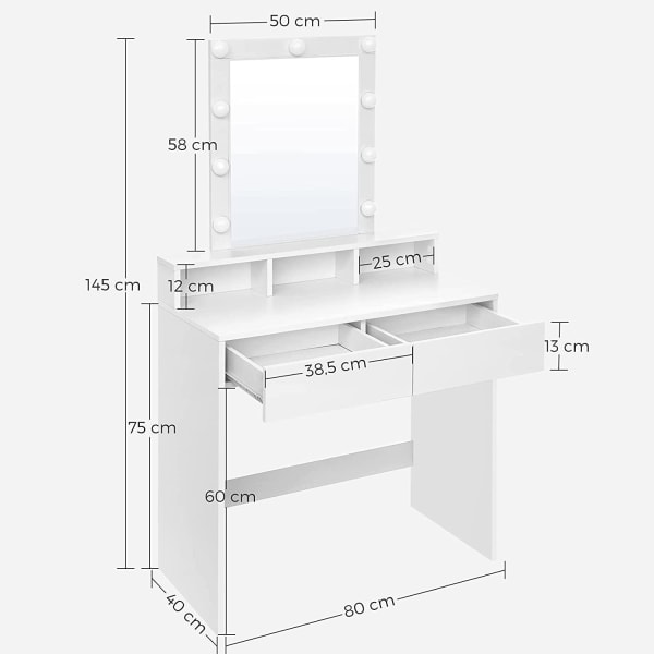 Rootz Sminkbord - Sminkbord - Spegel - Belysning - 2 lådor - Öpp
